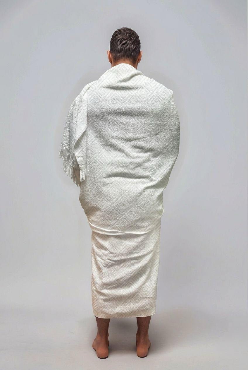 Men's bamboo Ihram, Islamic jacquard weave detail, white, by Sigma Fit for Hajj and Umrah