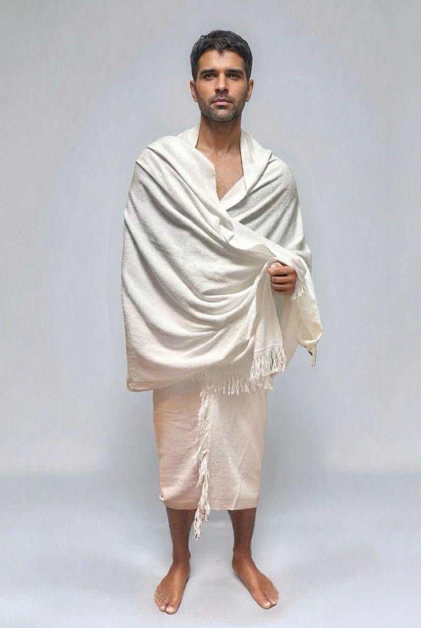 Men's bamboo Ihram, Tawaf jacquard weave, white, by Sigma Fit for Hajj and Umrah